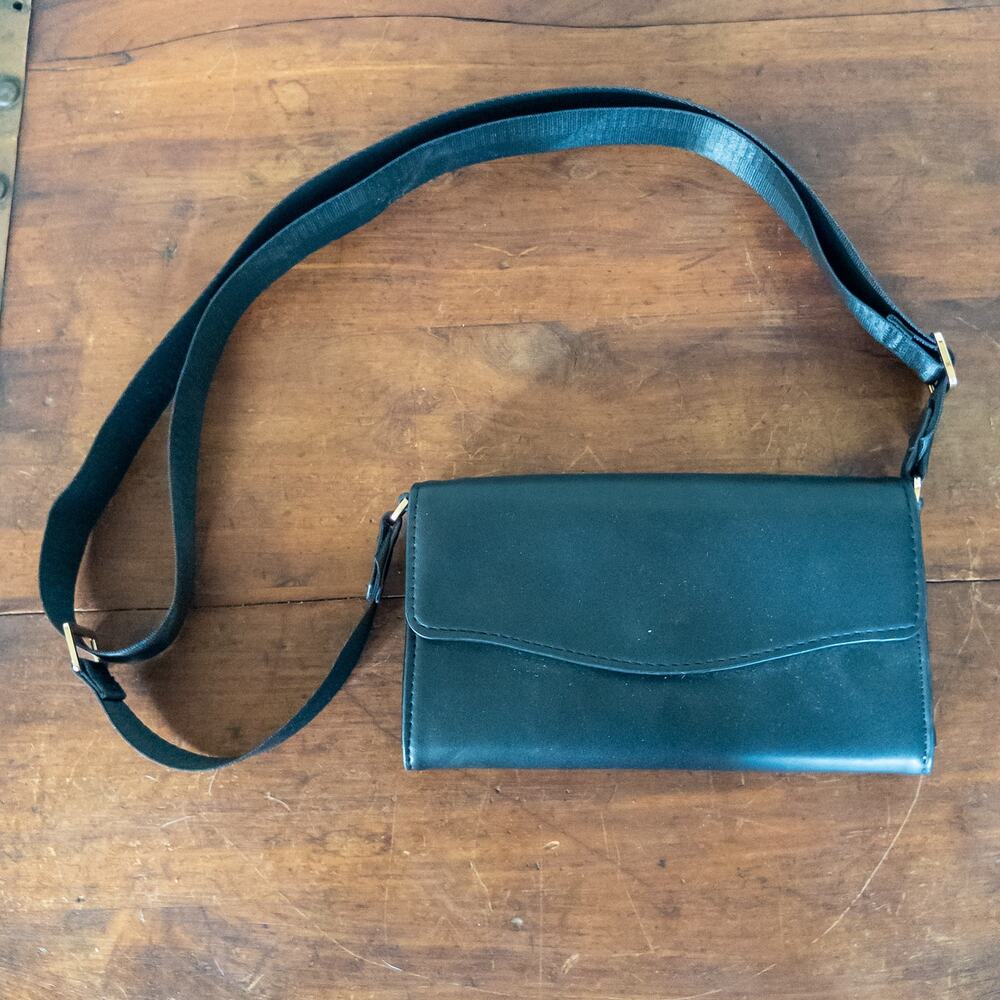 A New Day Black Crossbody Wallet Bag, Faux Leather, Guitar Strap, Card Slots